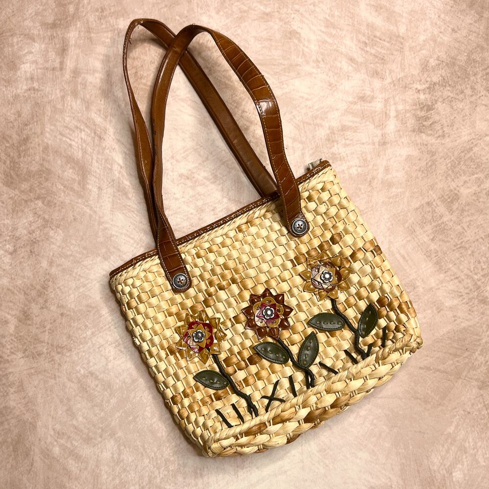Sunflower Woven Straw Shoulder Bag Purse Tan Patchwork Floral Garden Cottagecore